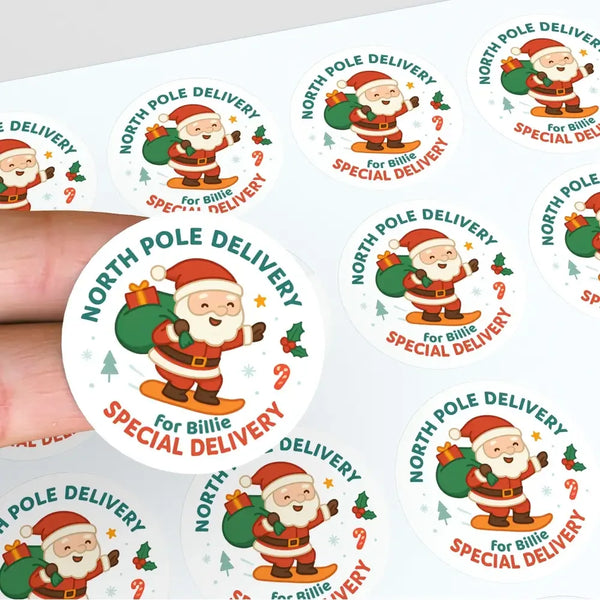 Santa Snowboarding Personalised Christmas Stickers – North Pole Delivery - Sticksy Prints Australia