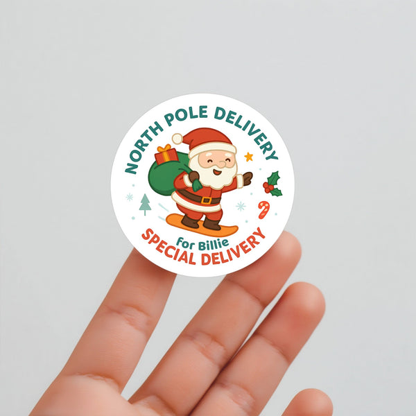 Santa Snowboarding Personalised Christmas Stickers – North Pole Delivery