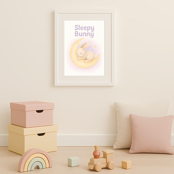 Sleepy Bunny Nursery Wall Art Print – Moon & Stars Baby Room Printable (Digital Download)