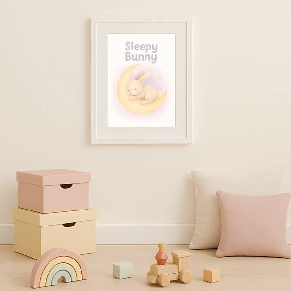 Sleepy Bunny Nursery Wall Art Print – Moon & Stars Baby Room Printable (Digital Download)