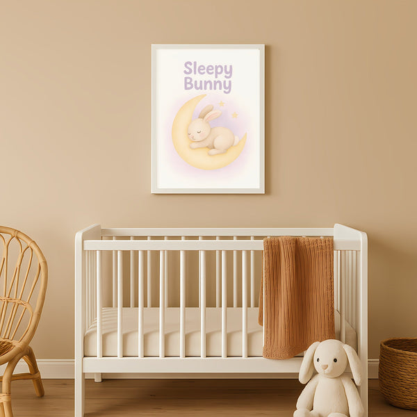 Sleepy Bunny Nursery Wall Art Print – Moon & Stars Baby Room Printable (Digital Download)