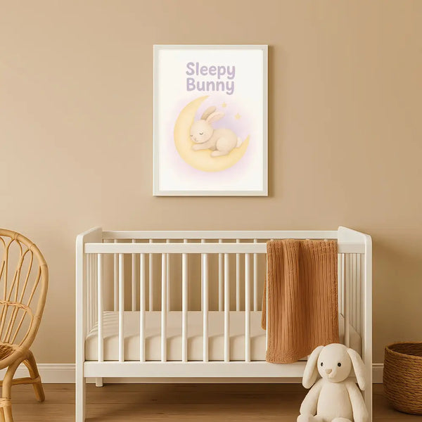 Sleepy Bunny Nursery Wall Art Print – Moon & Stars Baby Room Printable (Digital Download)