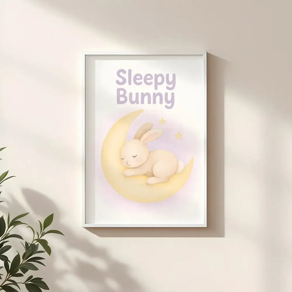 Sleepy Bunny Nursery Wall Art Print – Moon & Stars Baby Room Printable (Digital Download) - Sticksy Prints Australia