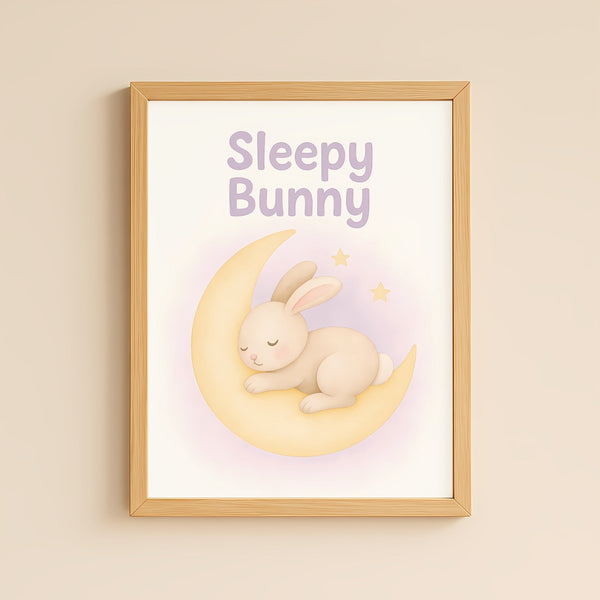 Sleepy Bunny Nursery Wall Art Print – Moon & Stars Baby Room Printable (Digital Download)