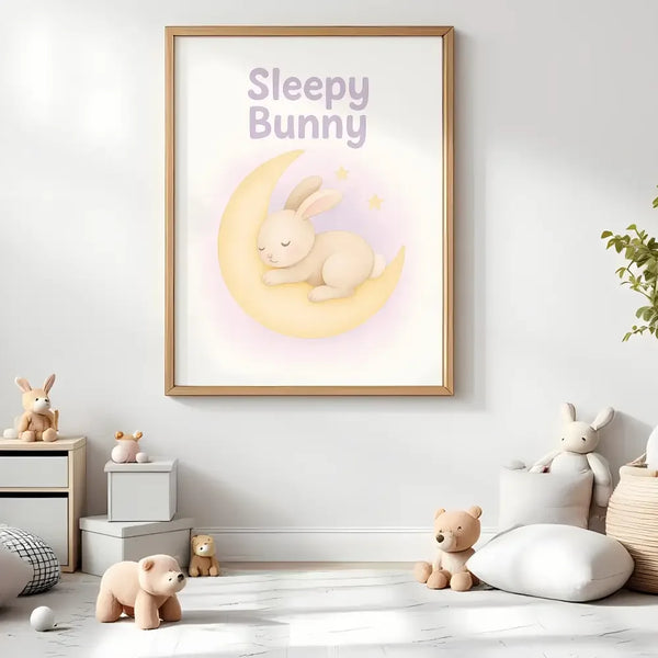 Sleepy Bunny Nursery Wall Art Print – Moon & Stars Baby Room Printable (Digital Download) - Sticksy Prints Australia