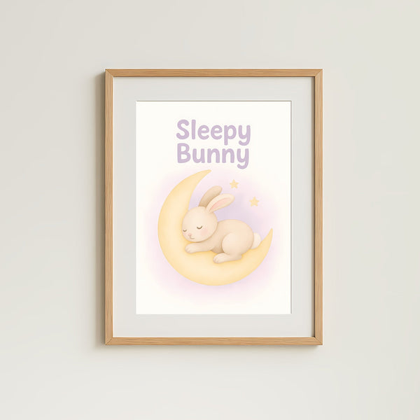 Sleepy Bunny Nursery Wall Art Print – Moon & Stars Baby Room Printable (Digital Download)