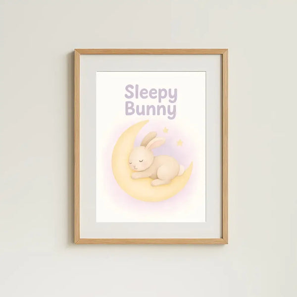 Sleepy Bunny Nursery Wall Art Print – Moon & Stars Baby Room Printable (Digital Download) - Sticksy Prints Australia
