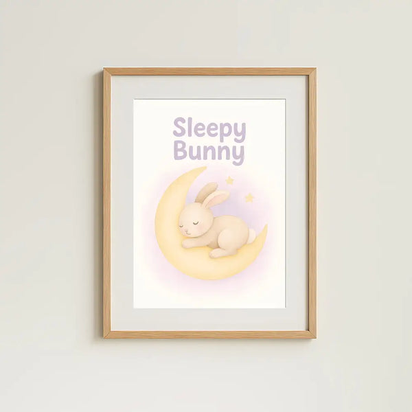 Sleepy Bunny Nursery Wall Art Print – Moon & Stars Baby Room Printable (Digital Download)