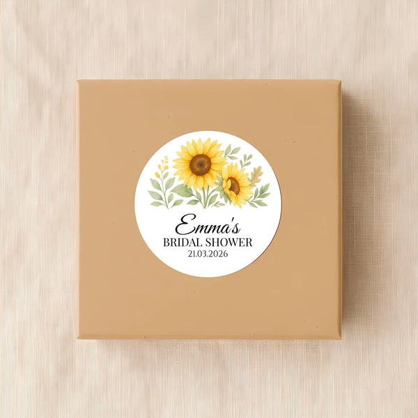 Sunflower Bridal Shower Stickers – Personalised Favour Labels – Custom Name & Date