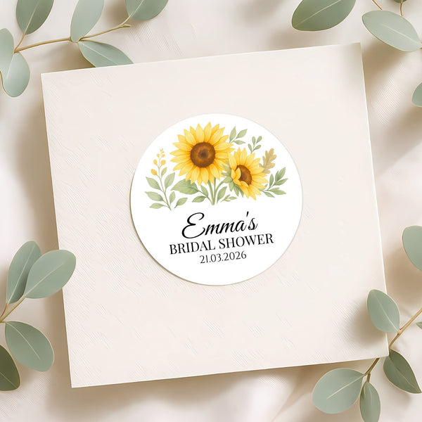 Sunflower Bridal Shower Stickers – Personalised Favour Labels – Custom Name & Date