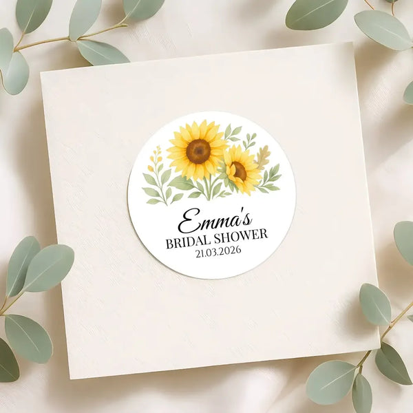 Sunflower Bridal Shower Stickers – Personalised Favour Labels – Custom Name & Date - Sticksy Prints Australia