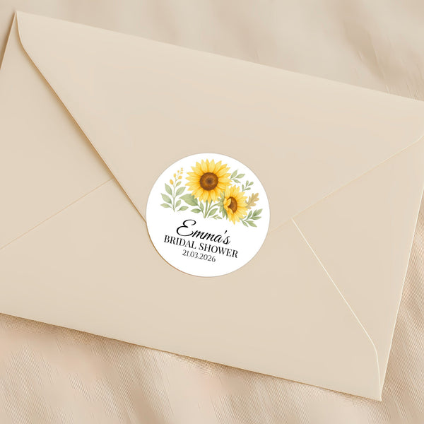 Sunflower Bridal Shower Stickers – Personalised Favour Labels – Custom Name & Date