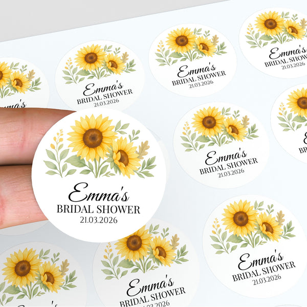Sunflower Bridal Shower Stickers – Personalised Favour Labels – Custom Name & Date