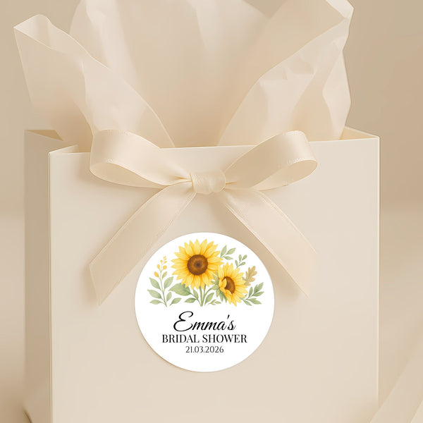 Sunflower Bridal Shower Stickers – Personalised Favour Labels – Custom Name & Date