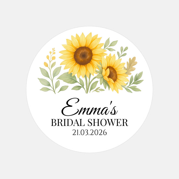 Sunflower Bridal Shower Stickers – Personalised Favour Labels – Custom Name & Date