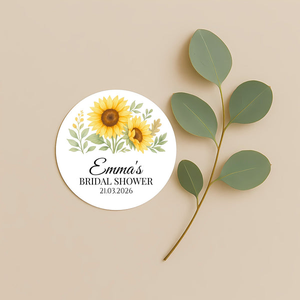 Sunflower Bridal Shower Stickers – Personalised Favour Labels – Custom Name & Date