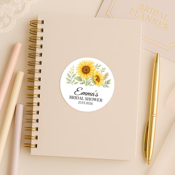 Sunflower Bridal Shower Stickers – Personalised Favour Labels – Custom Name & Date