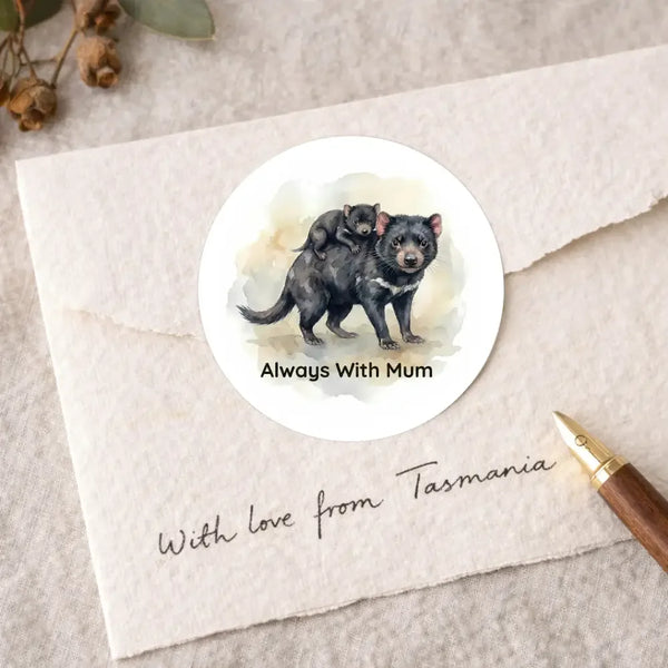 Tasmanian Devil Mum & Joey Sticker – Australian Wildlife Gift Label - Sticksy Prints Australia