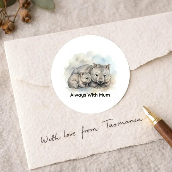 Tasmanian Wombat Sticker – Always With Mum Mother & Baby Wildlife Art - Sticksy Prints Australia