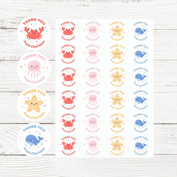 Under the Sea Thank You Stickers – Starfish Crab Jellyfish & Whale | Personalised Party Favour Labels