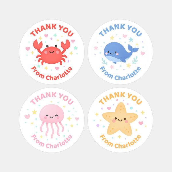 Under the Sea Thank You Stickers – Starfish Crab Jellyfish & Whale | Personalised Party Favour Labels