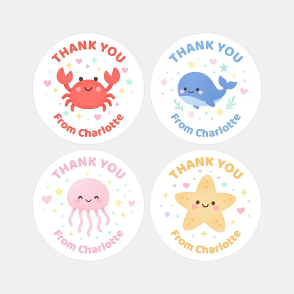 Under the Sea Thank You Stickers – Starfish, Crab, Jellyfish & Whale | Personalised Party Favour Labels - Sticksy Prints Australia