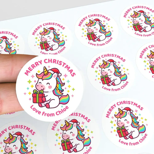 Unicorn Christmas Gift Stickers – Personalised Name Label - Sticksy Prints Australia