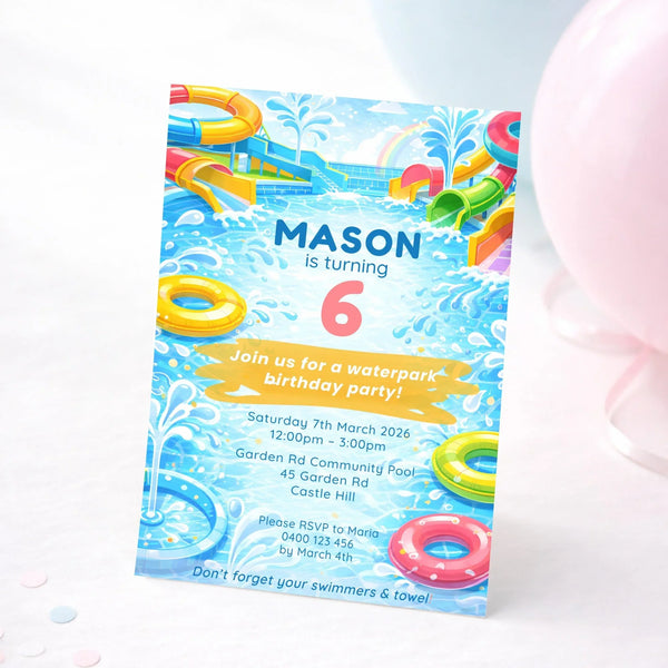 Waterpark Birthday Invitations | Personalised Pool Party Invites - Sticksy Prints Australia
