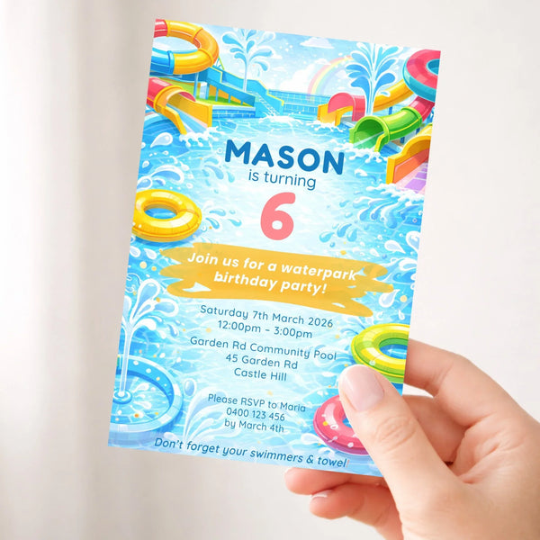Waterpark Birthday Invitations | Personalised Pool Party Invites - Sticksy Prints Australia