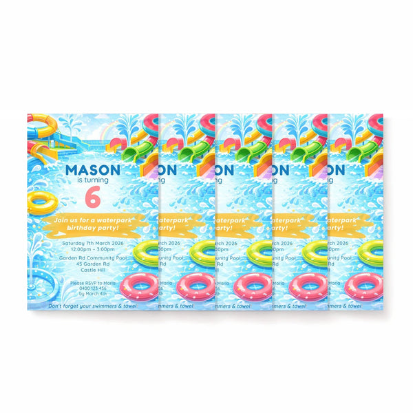 Waterpark Birthday Invitations | Personalised Pool Party Invites - Sticksy Prints Australia