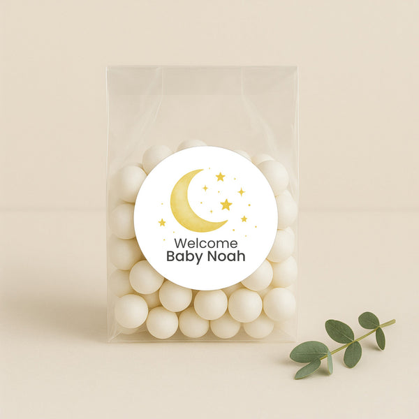 Welcome Baby Moon & Stars Stickers – Personalised Celestial Baby Shower Labels