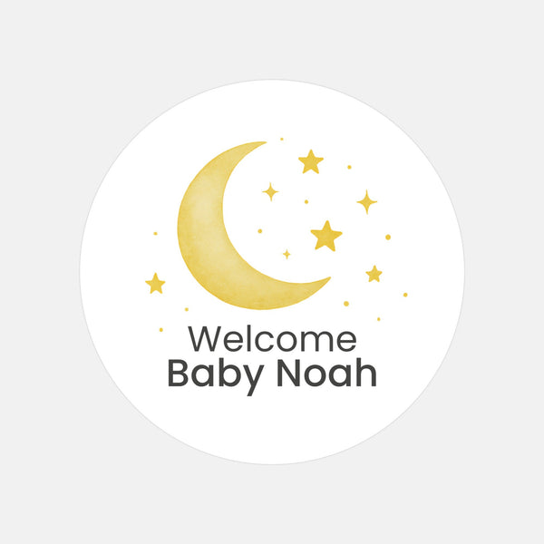 Welcome Baby Moon & Stars Stickers – Personalised Celestial Baby Shower Labels