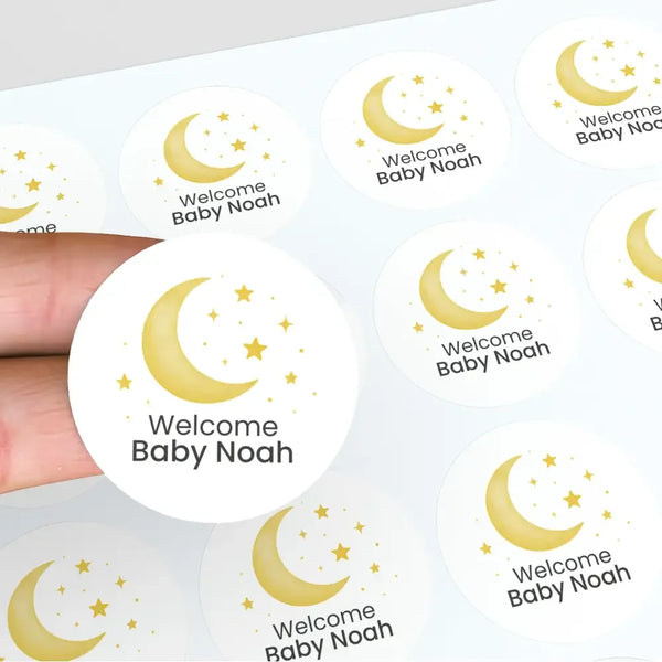 Welcome Baby Moon & Stars Stickers – Personalised Celestial Baby Shower Labels - Sticksy Prints Australia