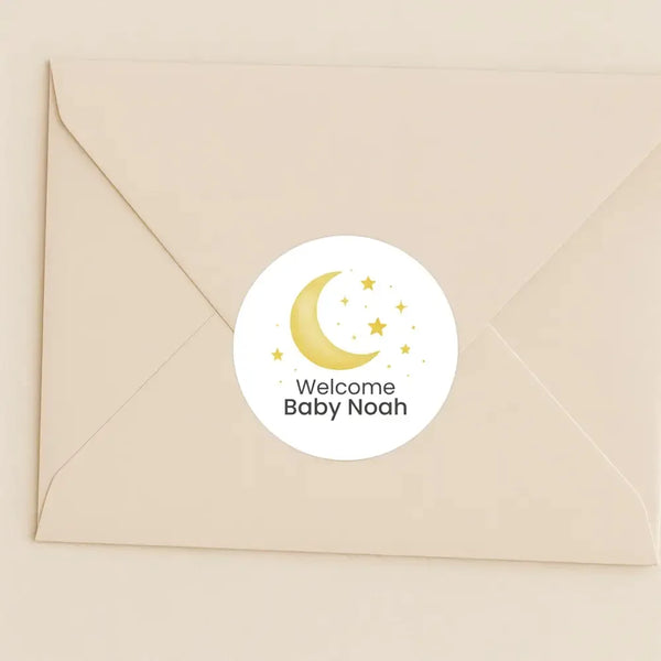 Welcome Baby Moon & Stars Stickers – Personalised Celestial Baby Shower Labels - Sticksy Prints Australia