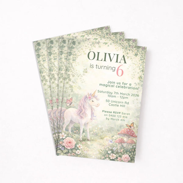 Woodland Unicorn Birthday Invitations | Personalised Enchanted Party Invites - Sticksy Prints Australia