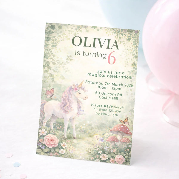 Woodland Unicorn Birthday Invitations | Personalised Enchanted Party Invites - Sticksy Prints Australia