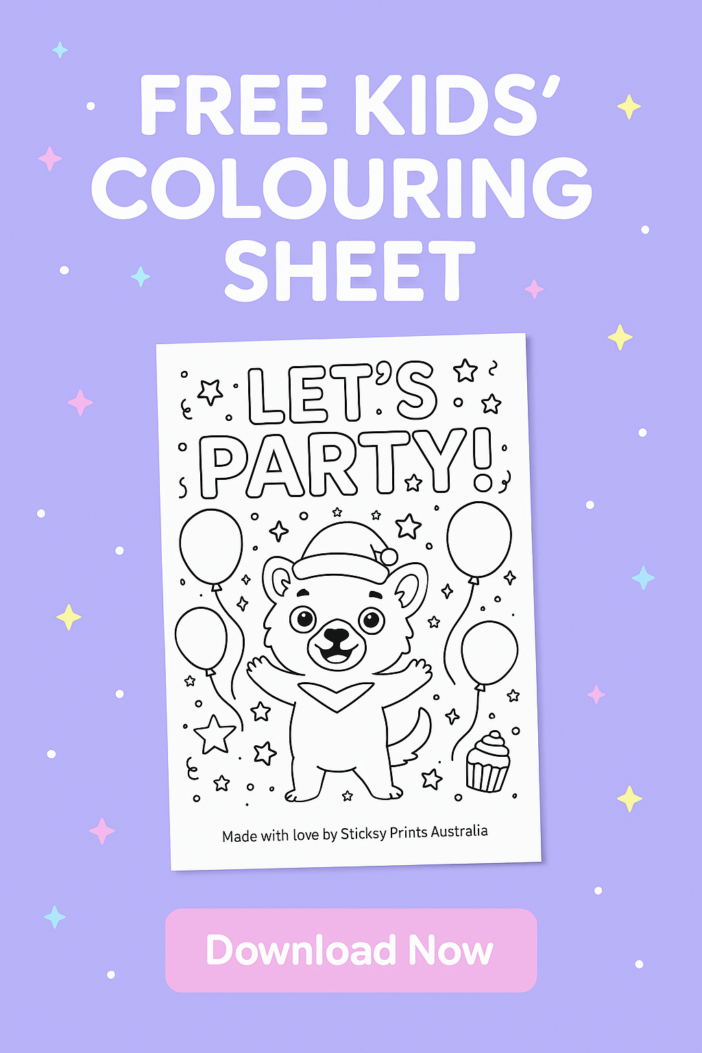 Free Kids’ Colouring Sheet – “Let’s Party!” by Sticksy Prints Australia