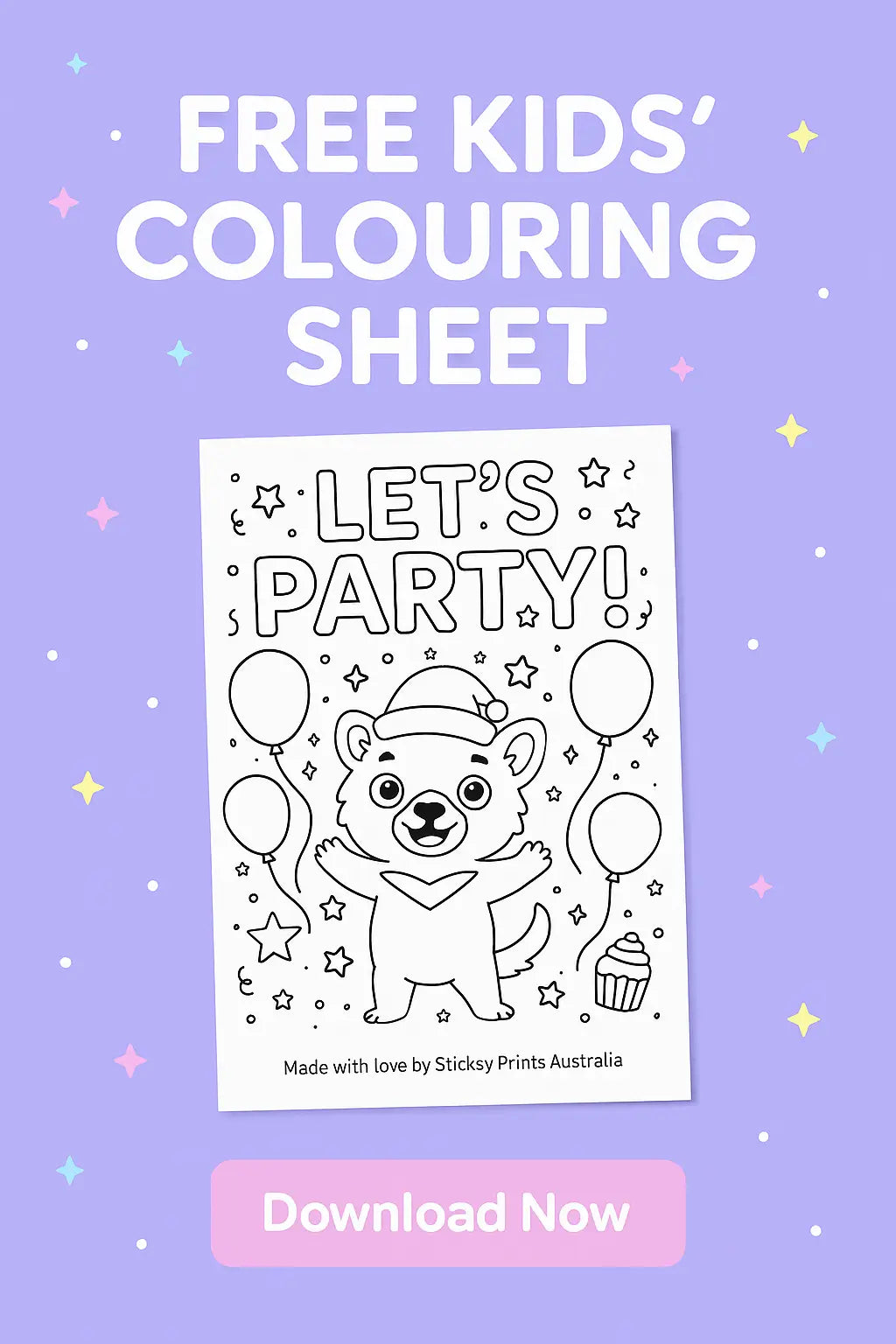 Free Kids’ Colouring Sheet – “Let’s Party!” by Sticksy Prints Australia
