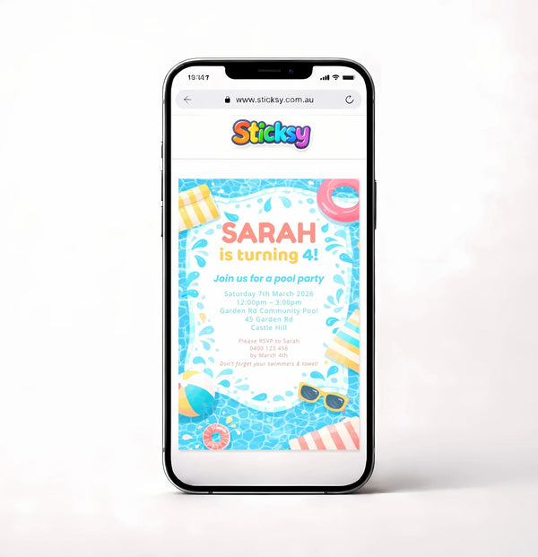 Editable Pool Party Birthday Invitation – Canva Template (4×6 inch) - Sticksy Prints Australia