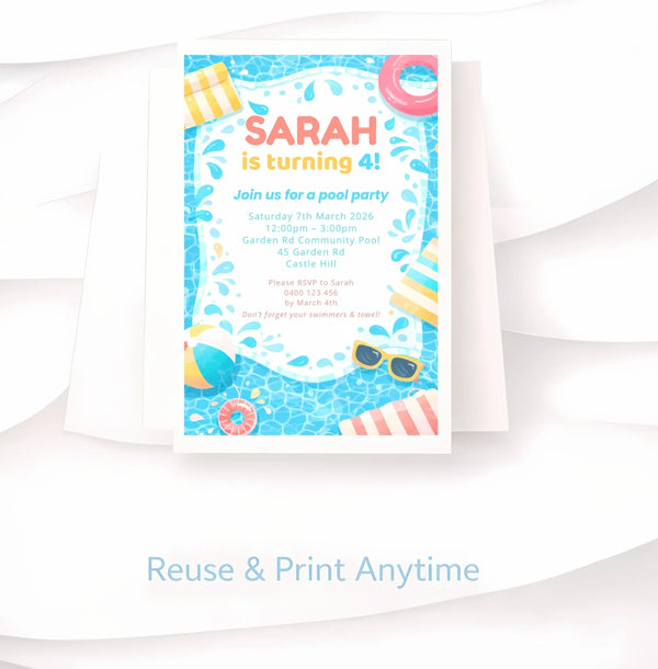 Editable Pool Party Birthday Invitation – Canva Template (4×6 inch) - Sticksy Prints Australia