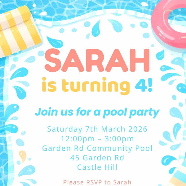 Editable Pool Party Birthday Invitation – Canva Template (4×6 inch) - Sticksy Prints Australia