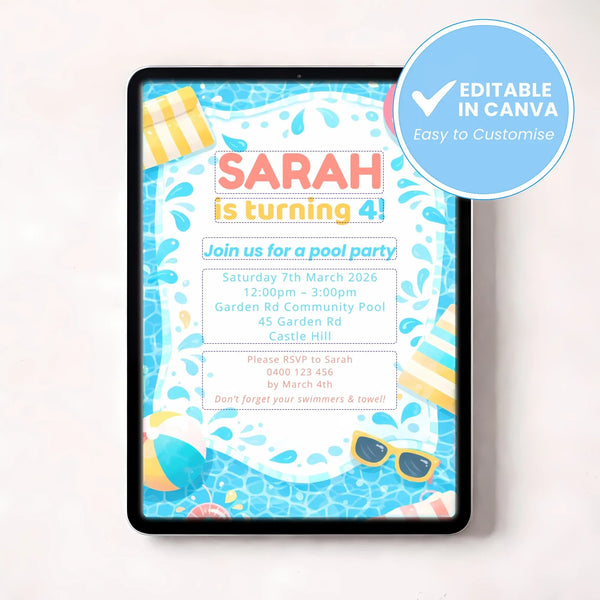 Editable Pool Party Birthday Invitation – Canva Template (4×6 inch) - Sticksy Prints Australia