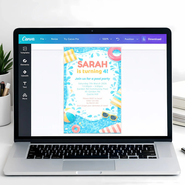 Editable Pool Party Birthday Invitation – Canva Template (4×6 inch) - Sticksy Prints Australia