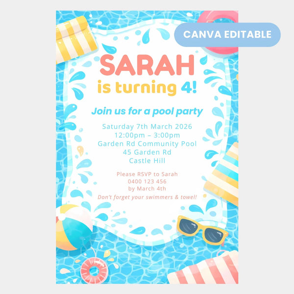 Editable Pool Party Birthday Invitation – Canva Template (4×6 inch) - Sticksy Prints Australia