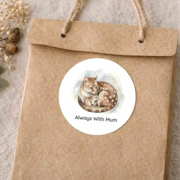 Always With Mum Quoll Sticker – Tasmanian Wildlife Mother & Baby Round Sticker - Sticksy Prints Australia