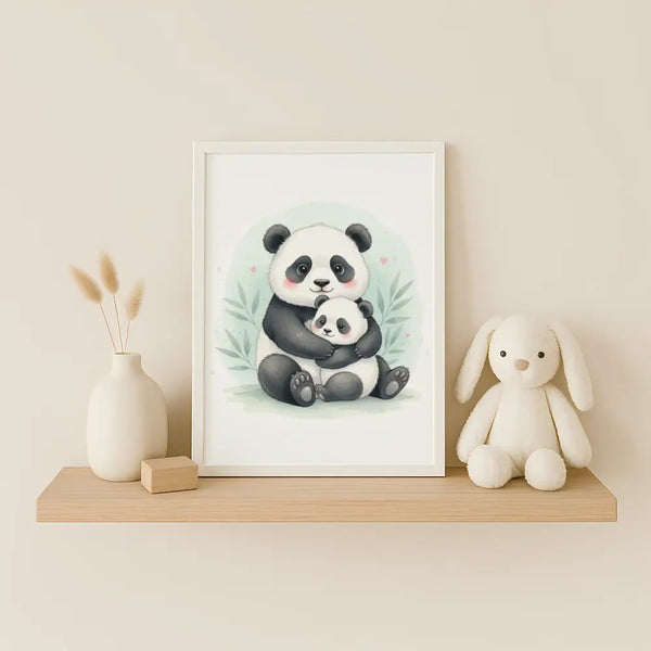 Baby Panda & Cub Nursery Print – Woodland Animal Wall Art Neutral Baby Room Decor Watercolour Panda Artwork Printable