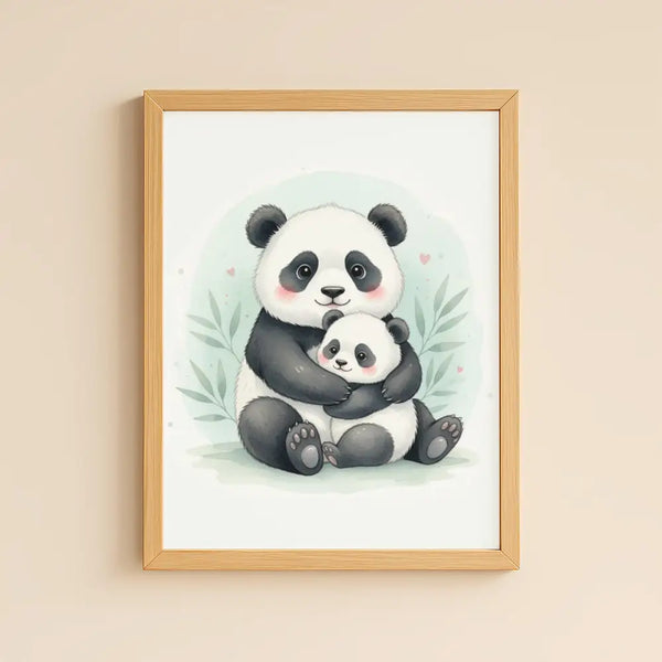 Baby Panda & Cub Nursery Print – Woodland Animal Wall Art Neutral Baby Room Decor Watercolour Panda Artwork Printable