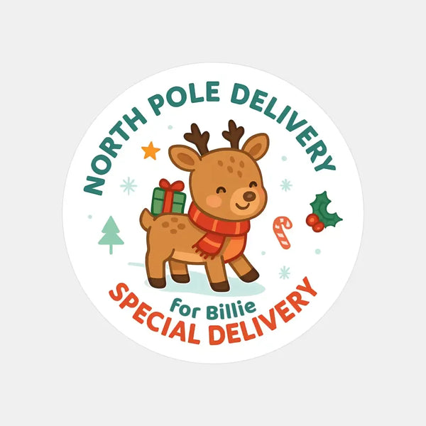 Baby Reindeer Personalised Christmas Stickers – North Pole Delivery - Sticksy Prints Australia