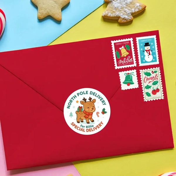 Baby Reindeer Personalised Christmas Stickers – North Pole Delivery - Sticksy Prints Australia