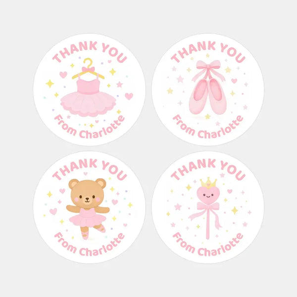 Ballerina Thank You Stickers – Ballet Dress, Slippers, Ballerina Bear & Wand | Personalised Party Favour Labels - Sticksy Prints Australia
